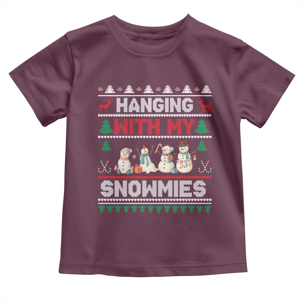 Christmas Snowman Toddler T Shirt Hanging With My Snowmies Merry Xmas TS12 Maroon Print Your Wear