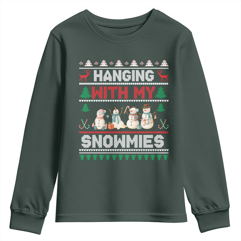 Christmas Snowman Youth Sweatshirt Hanging With My Snowmies Merry Xmas TS12 Dark Forest Green Print Your Wear