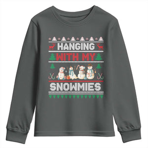 Christmas Snowman Youth Sweatshirt Hanging With My Snowmies Merry Xmas TS12 Dark Heather Print Your Wear