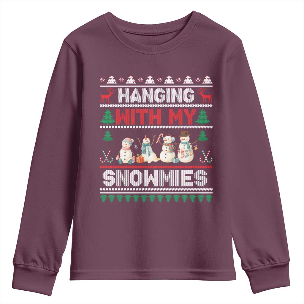 Christmas Snowman Youth Sweatshirt Hanging With My Snowmies Merry Xmas TS12 Maroon Print Your Wear