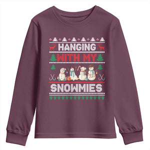 Christmas Snowman Youth Sweatshirt Hanging With My Snowmies Merry Xmas TS12 Maroon Print Your Wear