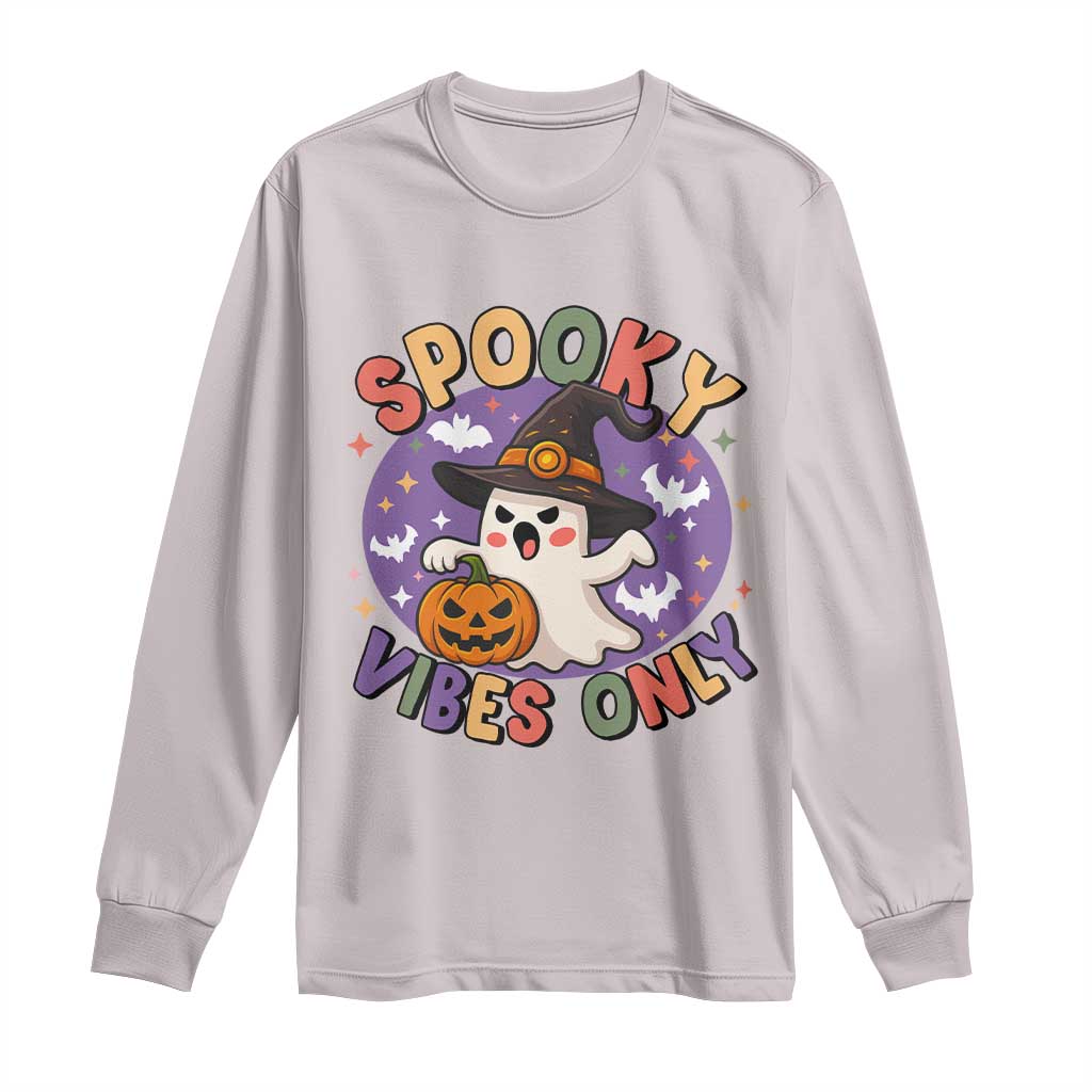 Cute Halloween Ghost Long Sleeve Shirt Spooky Vibes Only With Pumpkin TS12 Ice Gray Print Your Wear