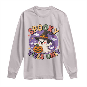 Cute Halloween Ghost Long Sleeve Shirt Spooky Vibes Only With Pumpkin TS12 Ice Gray Print Your Wear