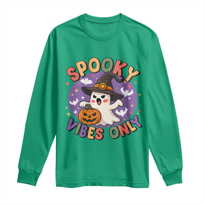 Cute Halloween Ghost Long Sleeve Shirt Spooky Vibes Only With Pumpkin TS12 Irish Green Print Your Wear