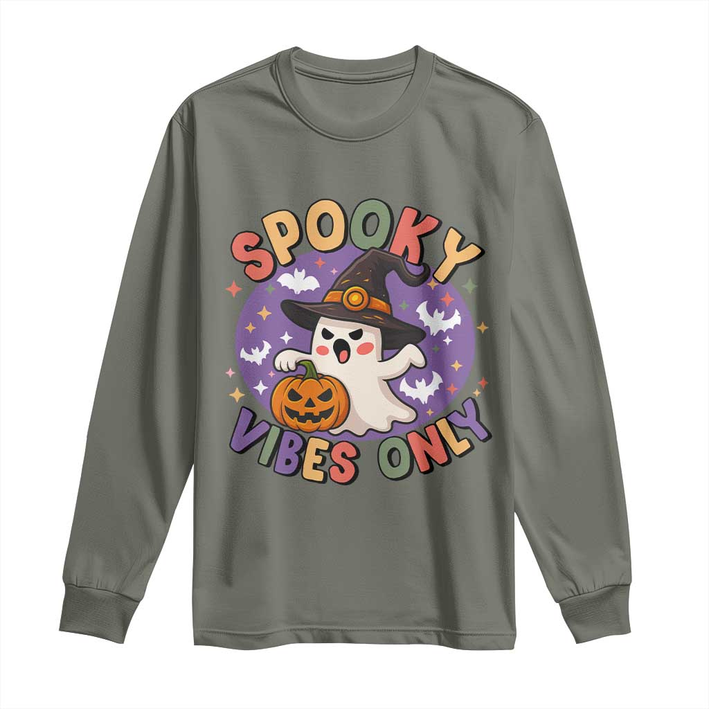 Cute Halloween Ghost Long Sleeve Shirt Spooky Vibes Only With Pumpkin TS12 Military Green Print Your Wear