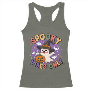 Cute Halloween Ghost Racerback Tank Top Spooky Vibes Only With Pumpkin TS12 Military Green Print Your Wear