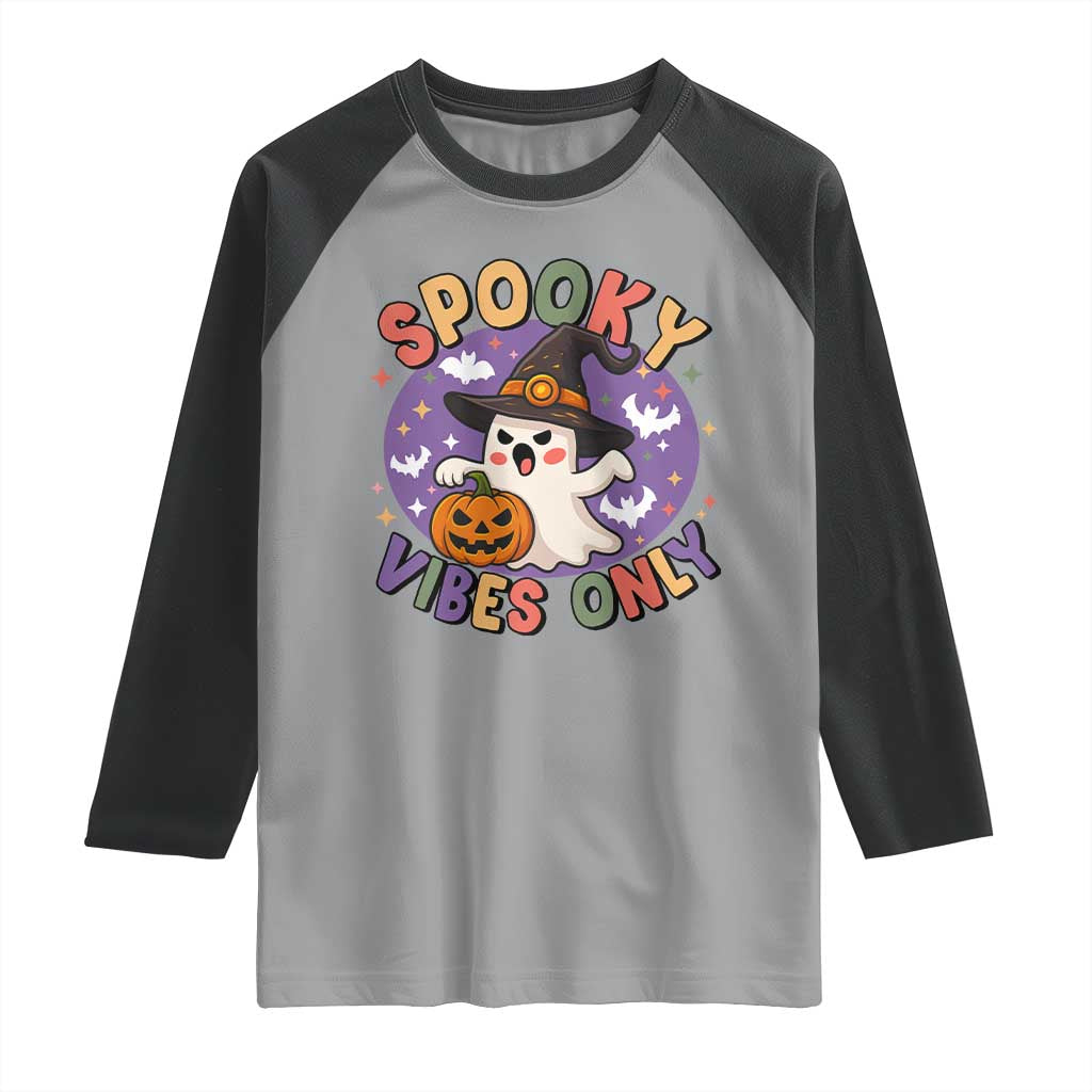 Cute Halloween Ghost Raglan Shirt Spooky Vibes Only With Pumpkin TS12 Sport Gray Black Print Your Wear