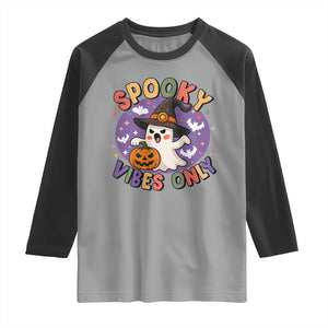 Cute Halloween Ghost Raglan Shirt Spooky Vibes Only With Pumpkin TS12 Sport Gray Black Print Your Wear