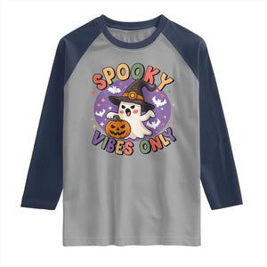 Cute Halloween Ghost Raglan Shirt Spooky Vibes Only With Pumpkin TS12 Sport Gray Navy Print Your Wear