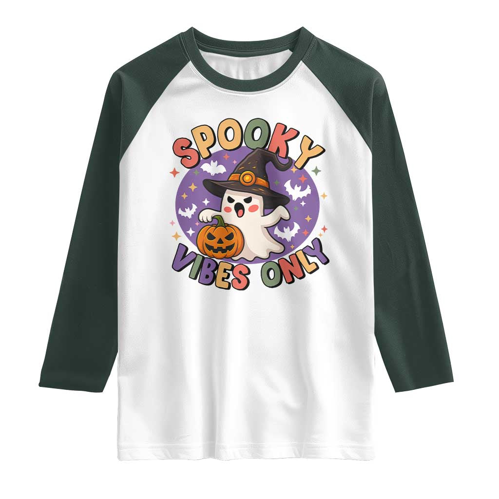 Cute Halloween Ghost Raglan Shirt Spooky Vibes Only With Pumpkin TS12 White Dark Forest Green Print Your Wear