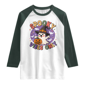 Cute Halloween Ghost Raglan Shirt Spooky Vibes Only With Pumpkin TS12 White Dark Forest Green Print Your Wear