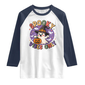 Cute Halloween Ghost Raglan Shirt Spooky Vibes Only With Pumpkin TS12 White Navy Print Your Wear