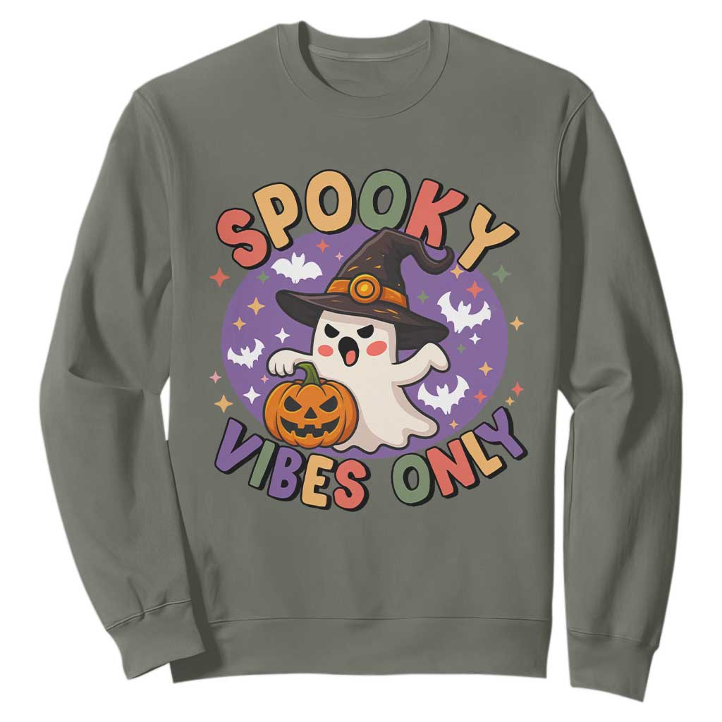Cute Halloween Ghost Sweatshirt Spooky Vibes Only With Pumpkin TS12 Military Green Print Your Wear