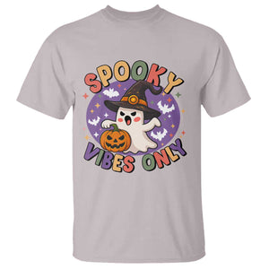 Cute Halloween Ghost T Shirt Spooky Vibes Only With Pumpkin TS12 Ice Gray Print Your Wear