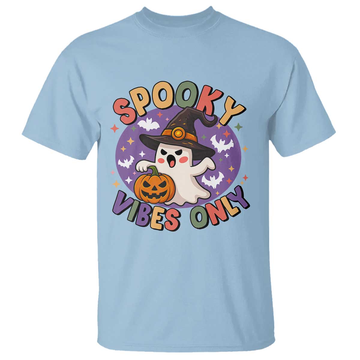 Cute Halloween Ghost T Shirt Spooky Vibes Only With Pumpkin TS12 Light Blue Print Your Wear