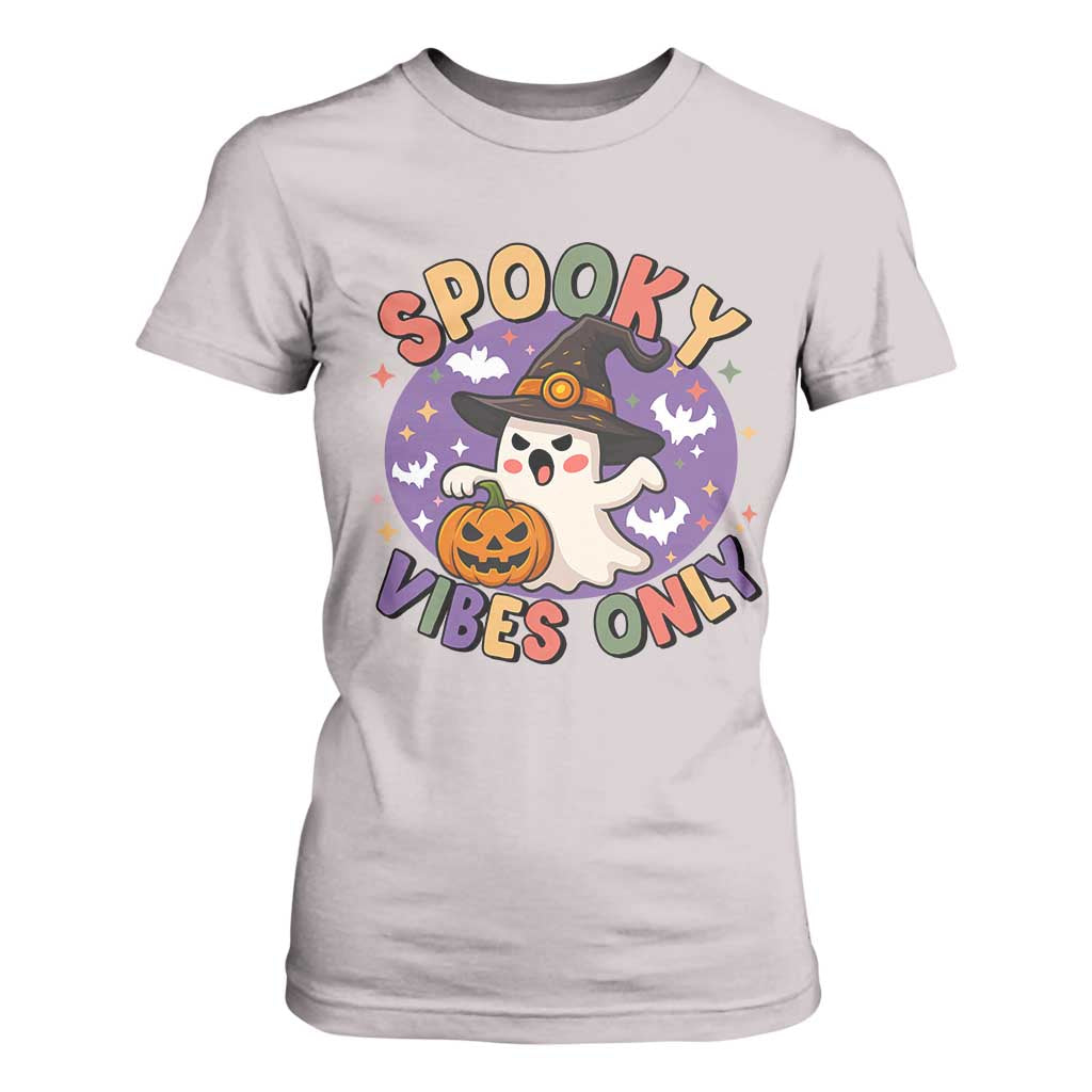 Cute Halloween Ghost T Shirt For Women Spooky Vibes Only With Pumpkin TS12 Ice Gray Print Your Wear