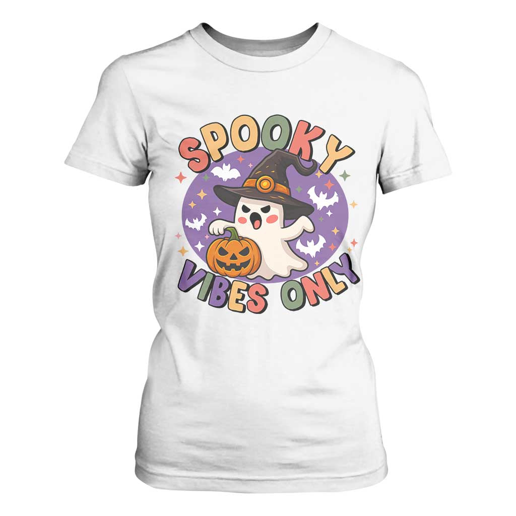Cute Halloween Ghost T Shirt For Women Spooky Vibes Only With Pumpkin TS12 White Print Your Wear