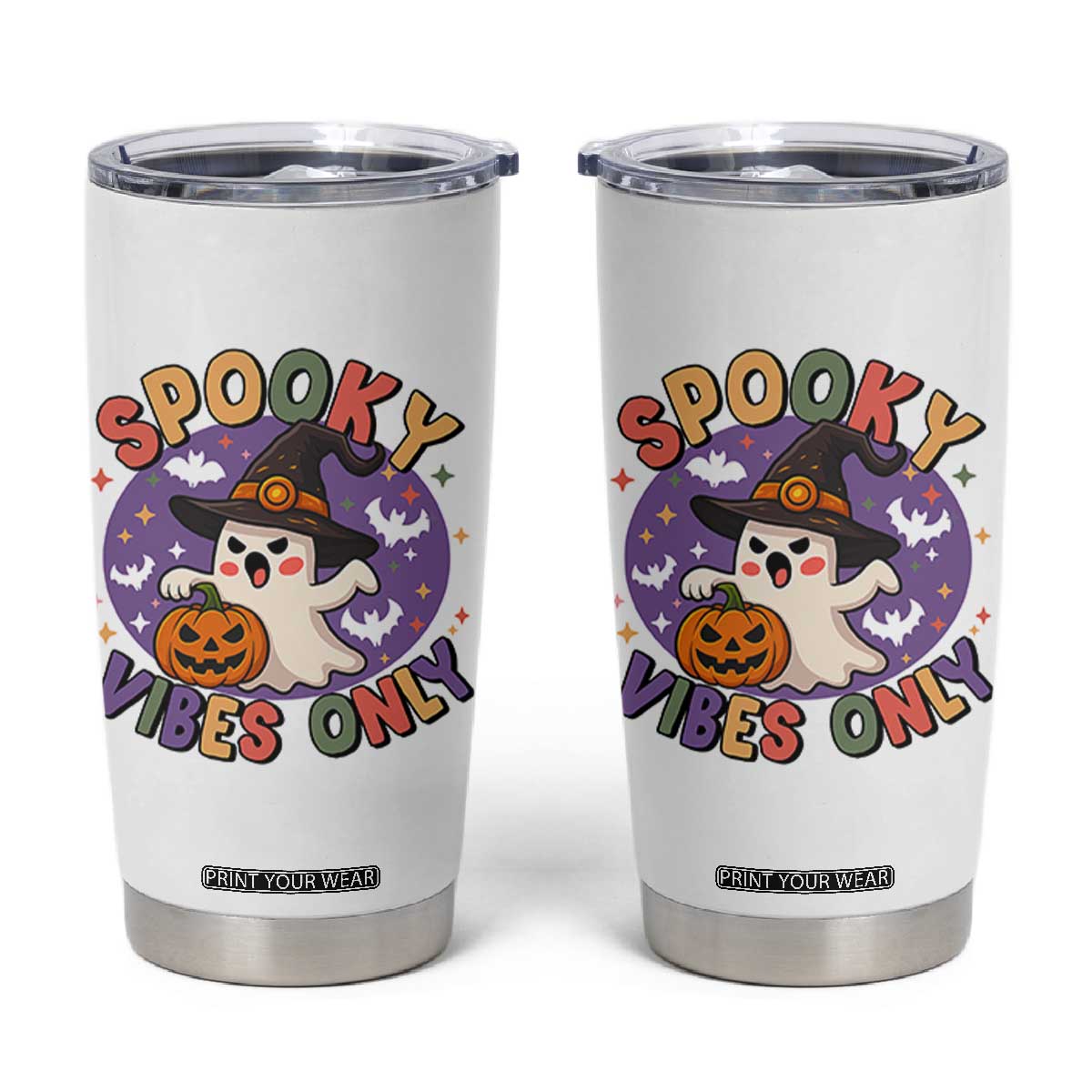 Cute Halloween Ghost Tumbler Cup Spooky Vibes Only With Pumpkin TS12 White Print Your Wear