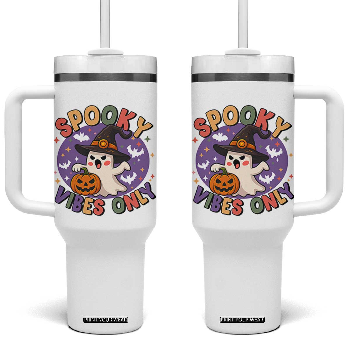Cute Halloween Ghost Tumbler With Handle Spooky Vibes Only With Pumpkin TS12 One Size: 40 oz White Print Your Wear