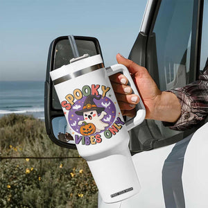Cute Halloween Ghost Tumbler With Handle Spooky Vibes Only With Pumpkin TS12 Print Your Wear