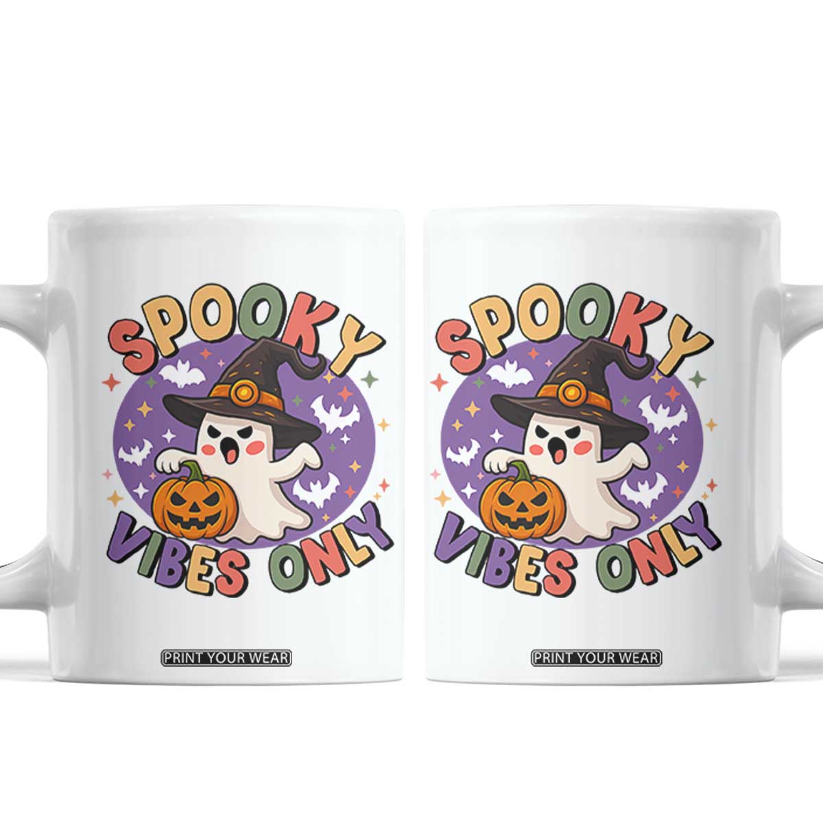 Cute Halloween Ghost Coffee Mug Spooky Vibes Only With Pumpkin TS12 White Print Your Wear