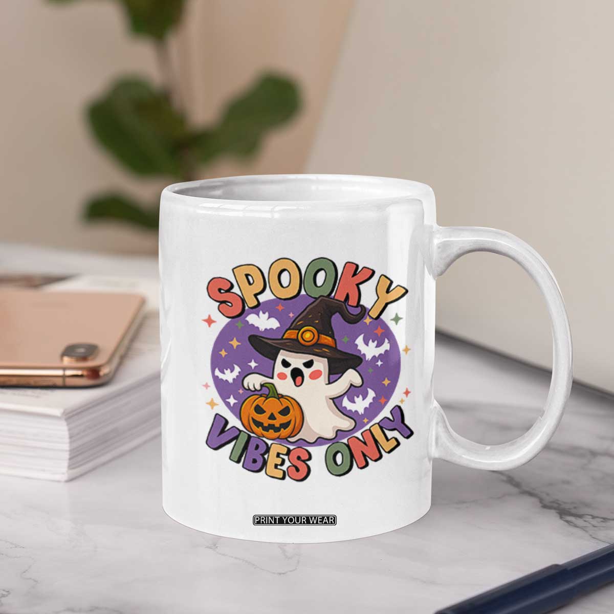 Cute Halloween Ghost Coffee Mug Spooky Vibes Only With Pumpkin TS12 Print Your Wear