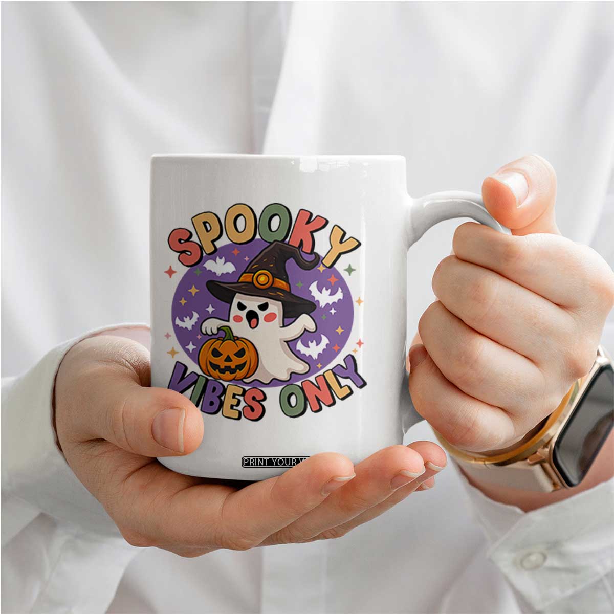Cute Halloween Ghost Coffee Mug Spooky Vibes Only With Pumpkin TS12 Print Your Wear