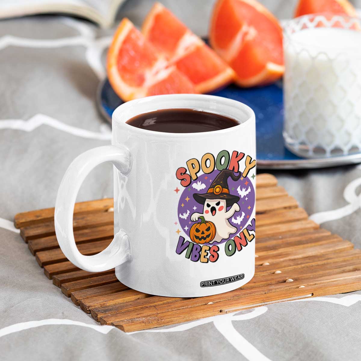 Cute Halloween Ghost Coffee Mug Spooky Vibes Only With Pumpkin TS12 Print Your Wear