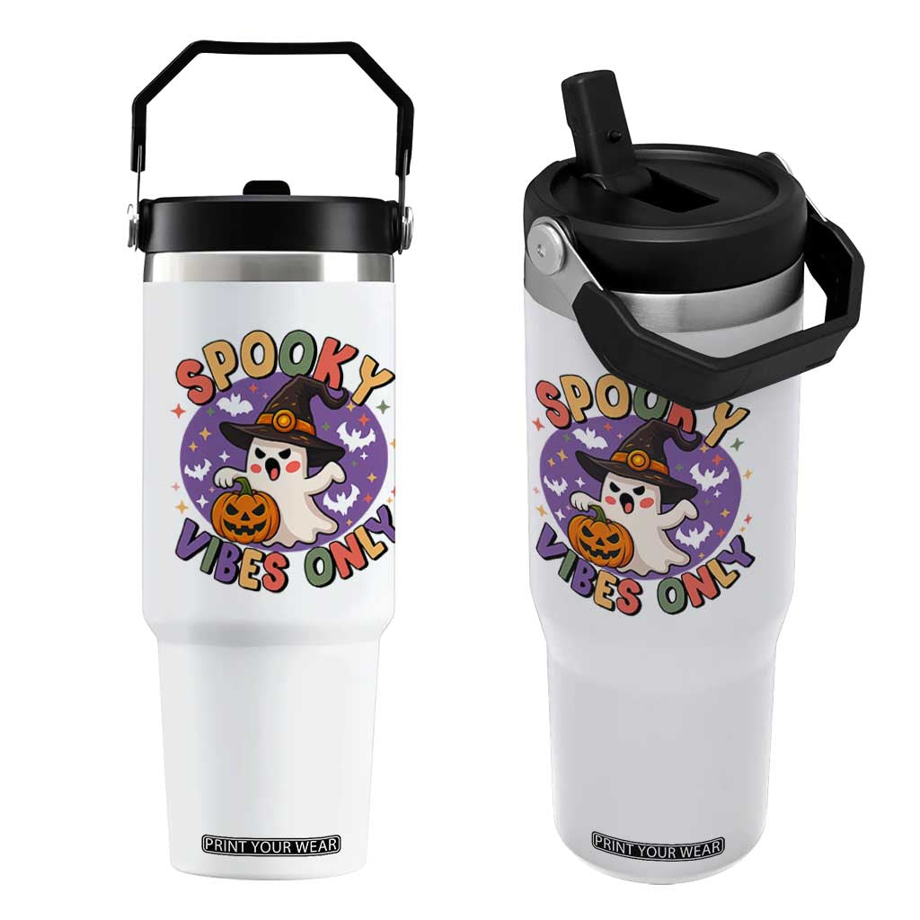 Cute Halloween Ghost Flip Straw Tumbler Spooky Vibes Only With Pumpkin TS12 One Size: 30 oz White Print Your Wear