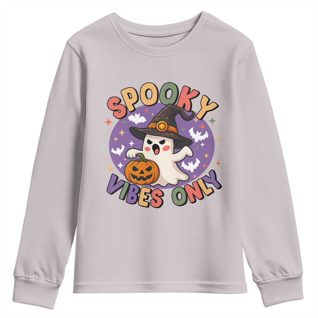 Cute Halloween Ghost Youth Sweatshirt Spooky Vibes Only With Pumpkin TS12 Ice Gray Print Your Wear