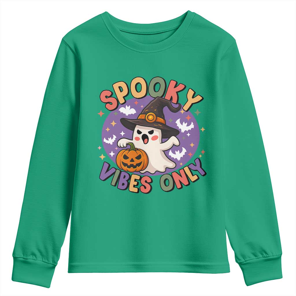 Cute Halloween Ghost Youth Sweatshirt Spooky Vibes Only With Pumpkin TS12 Irish Green Print Your Wear