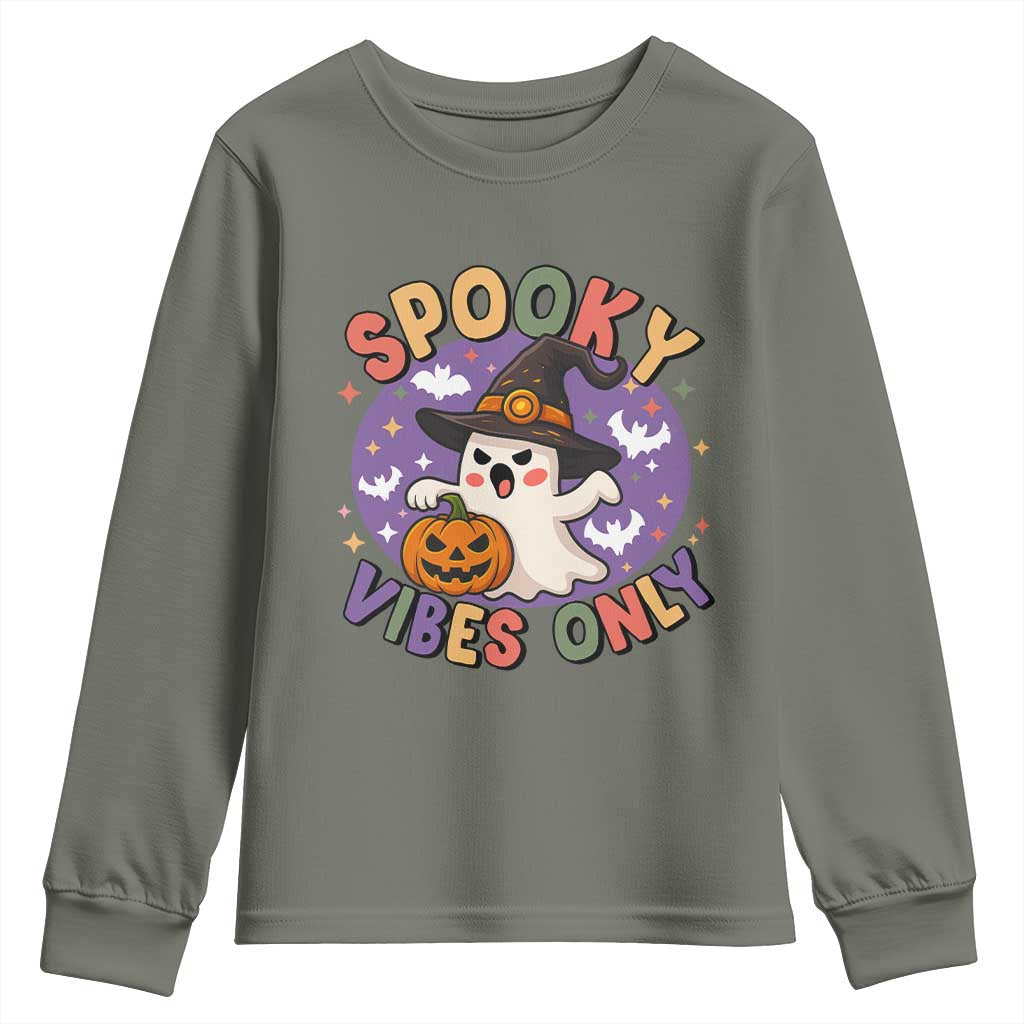 Cute Halloween Ghost Youth Sweatshirt Spooky Vibes Only With Pumpkin TS12 Military Green Print Your Wear