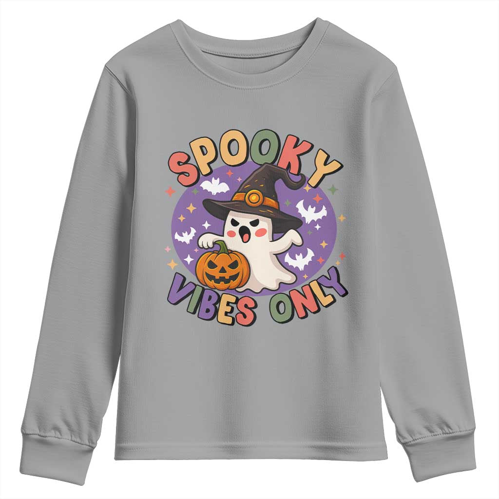 Cute Halloween Ghost Youth Sweatshirt Spooky Vibes Only With Pumpkin TS12 Sport Gray Print Your Wear
