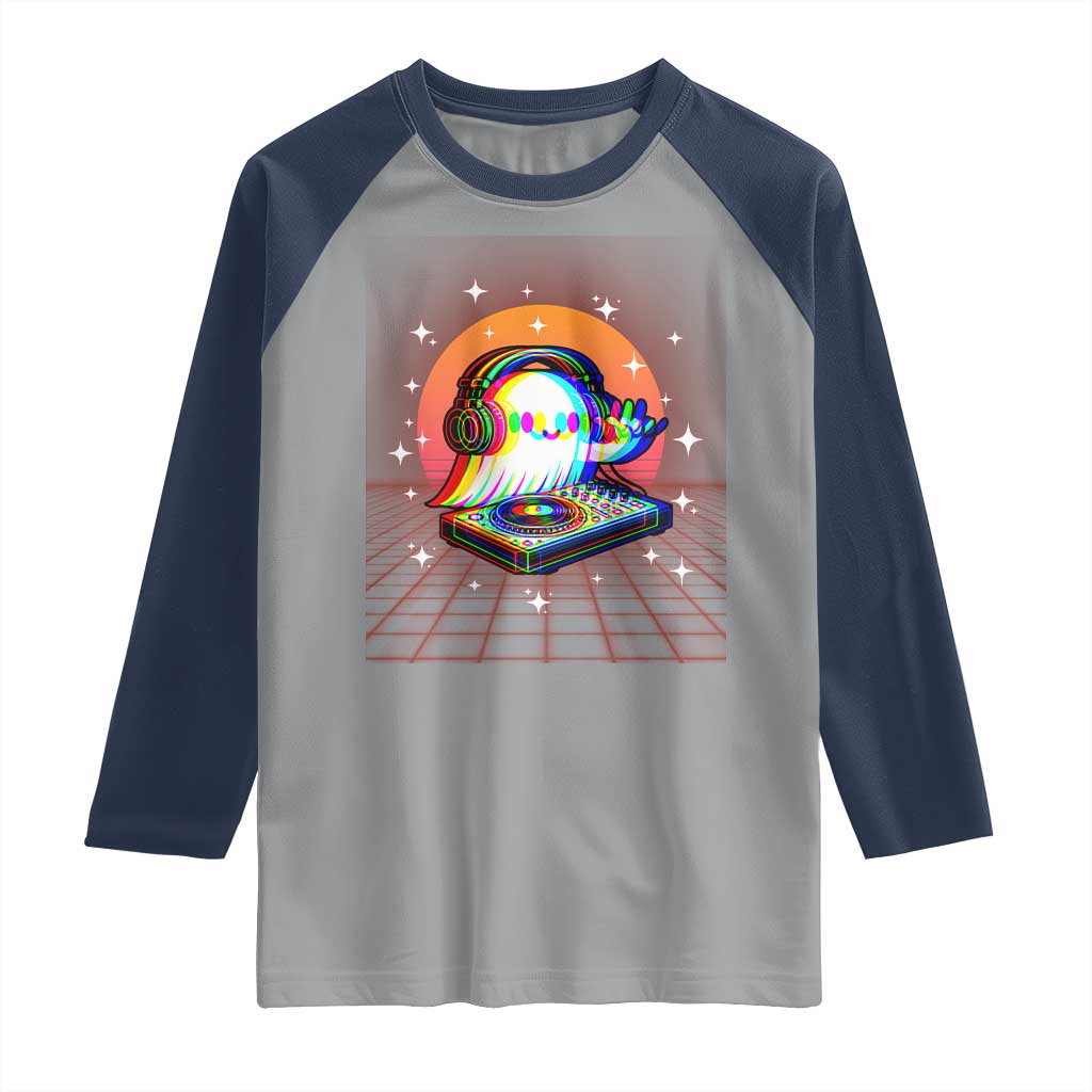Halloween Ghost Raglan Shirt Funny Trippy Vaporwave DJ Music Party TS12 Sport Gray Navy Print Your Wear