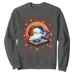 Halloween Ghost Sweatshirt Funny Trippy Vaporwave DJ Music Party TS12 Dark Heather Print Your Wear
