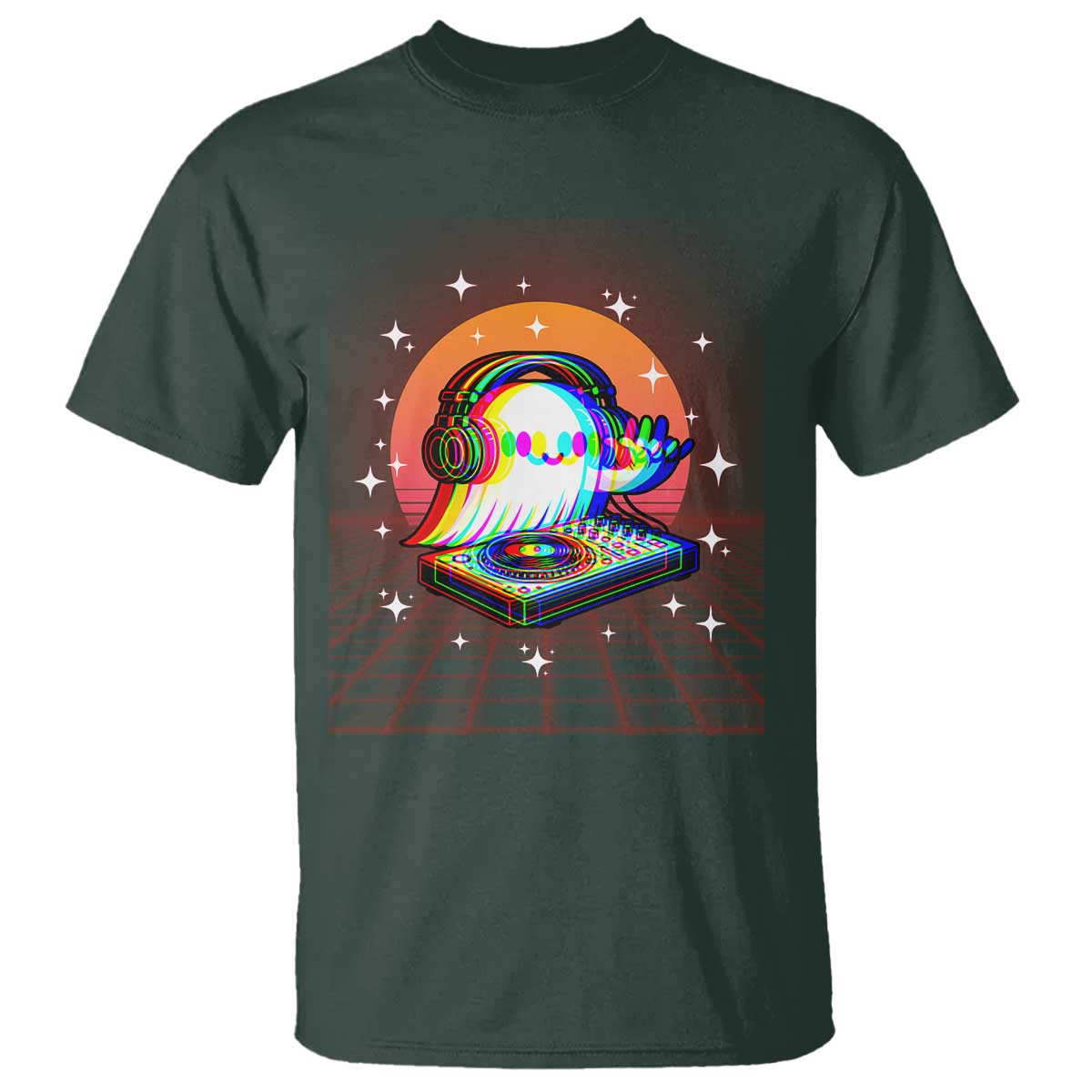 Halloween Ghost T Shirt Funny Trippy Vaporwave DJ Music Party TS12 Dark Forest Green Print Your Wear