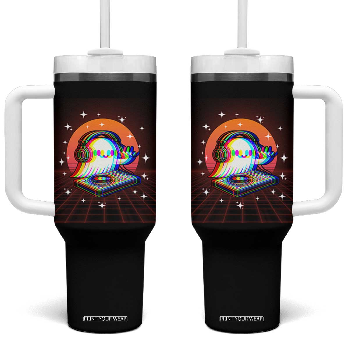 Halloween Ghost Tumbler With Handle Funny Trippy Vaporwave DJ Music Party TS12 One Size: 40 oz Black Print Your Wear