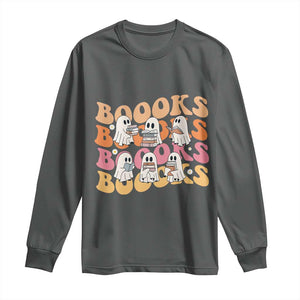 Bookish Ghost Halloween Long Sleeve Shirt Funny Book Lover And Spooky Squad TS12 Dark Heather Print Your Wear