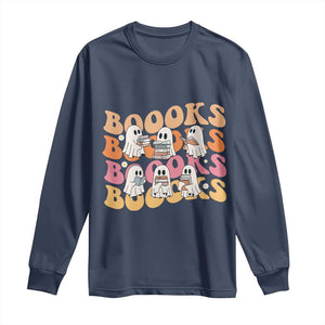 Bookish Ghost Halloween Long Sleeve Shirt Funny Book Lover And Spooky Squad TS12 Navy Print Your Wear