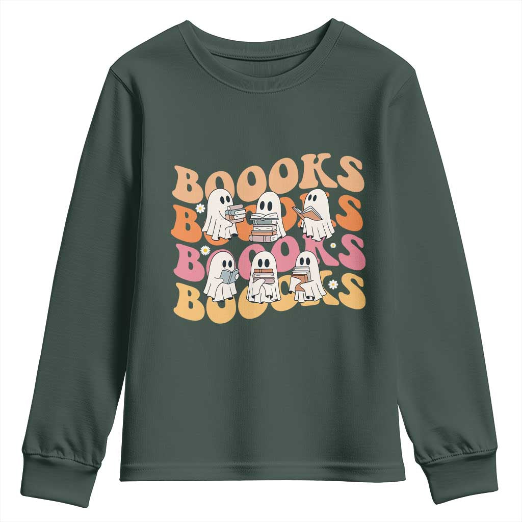 Bookish Ghost Halloween Youth Sweatshirt Funny Book Lover And Spooky Squad TS12 Dark Forest Green Print Your Wear
