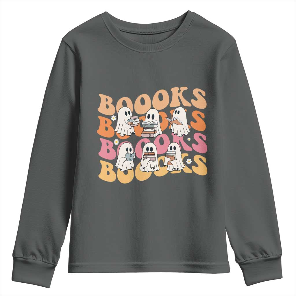 Bookish Ghost Halloween Youth Sweatshirt Funny Book Lover And Spooky Squad TS12 Dark Heather Print Your Wear