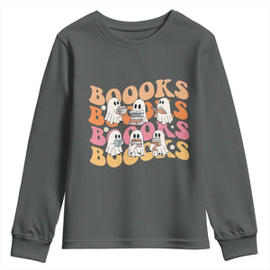 Bookish Ghost Halloween Youth Sweatshirt Funny Book Lover And Spooky Squad TS12 Dark Heather Print Your Wear