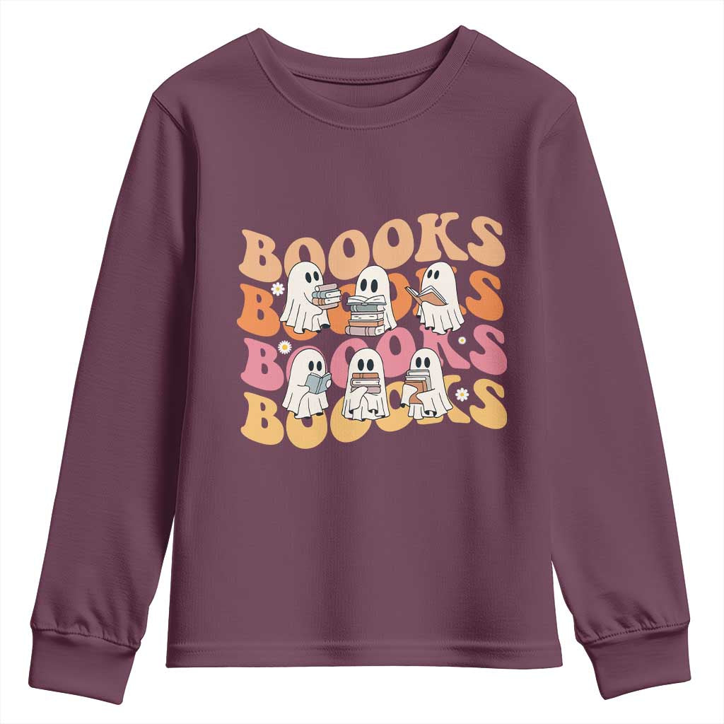 Bookish Ghost Halloween Youth Sweatshirt Funny Book Lover And Spooky Squad TS12 Maroon Print Your Wear