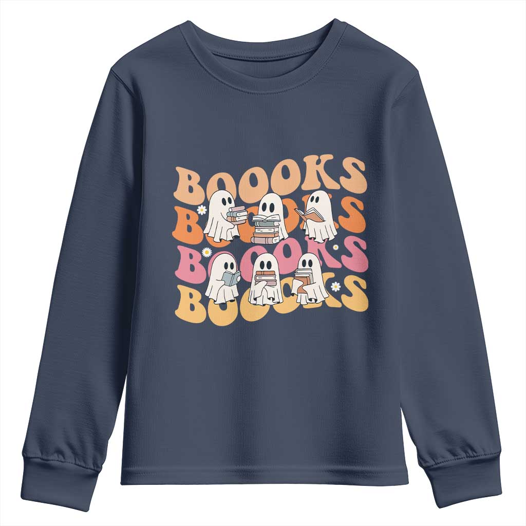 Bookish Ghost Halloween Youth Sweatshirt Funny Book Lover And Spooky Squad TS12 Navy Print Your Wear