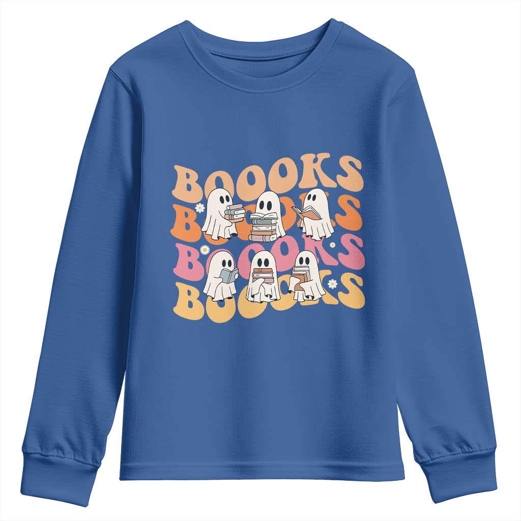 Bookish Ghost Halloween Youth Sweatshirt Funny Book Lover And Spooky Squad TS12 Royal Blue Print Your Wear