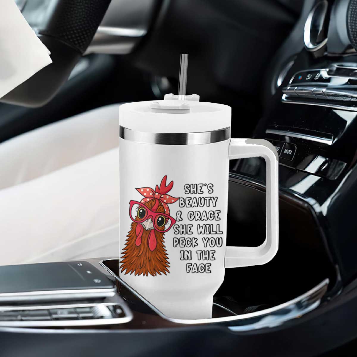 Funny Chicken Lover Gift Tumbler With Handle She Is Beauty And Grace She Will Peck You In The Face TS12 Print Your Wear
