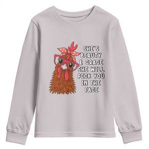 Funny Chicken Lover Gift Youth Sweatshirt She Is Beauty And Grace She Will Peck You In The Face TS12 Ice Gray Print Your Wear