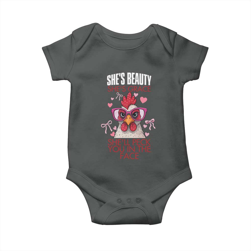 She Will Peck You In The Face Baby Onesie Funny Chicken Lover TS12 Dark Heather Print Your Wear