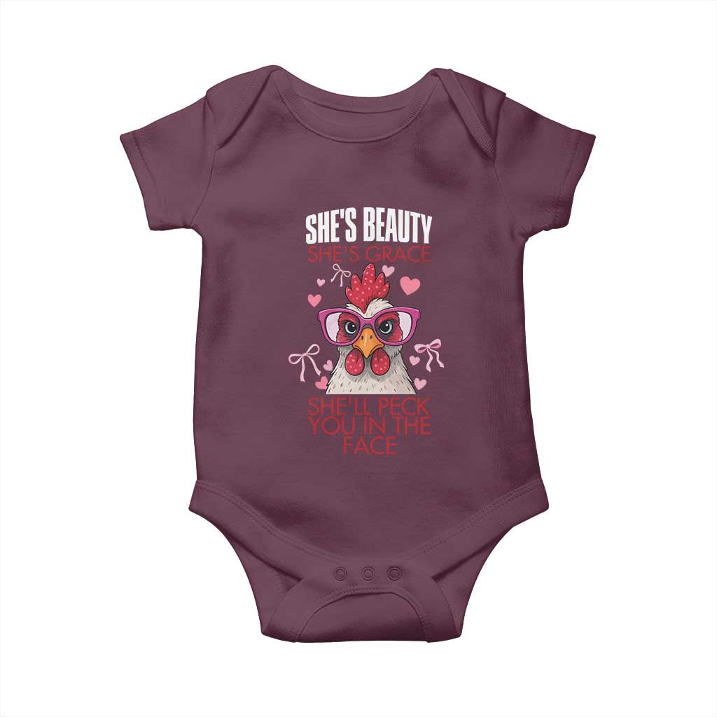 She Will Peck You In The Face Baby Onesie Funny Chicken Lover TS12 Maroon Print Your Wear