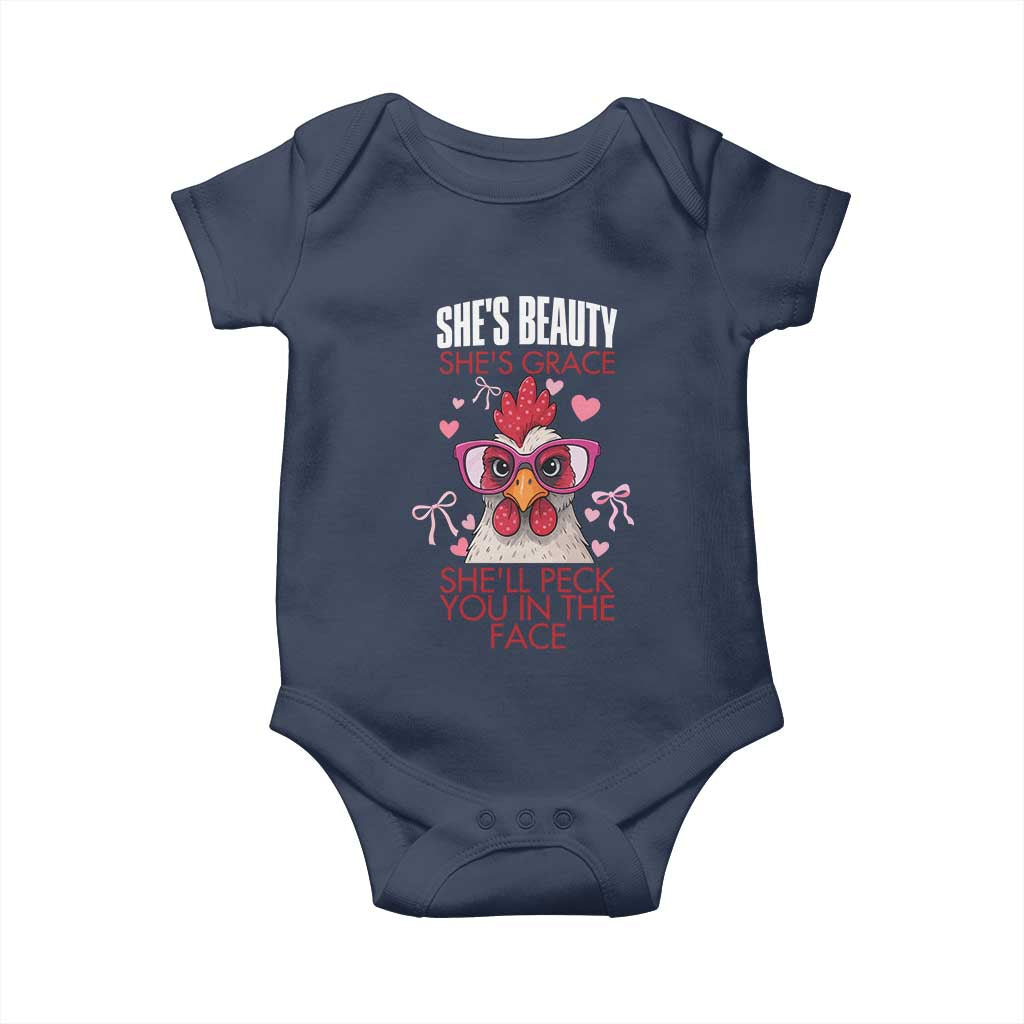 She Will Peck You In The Face Baby Onesie Funny Chicken Lover TS12 Navy Print Your Wear
